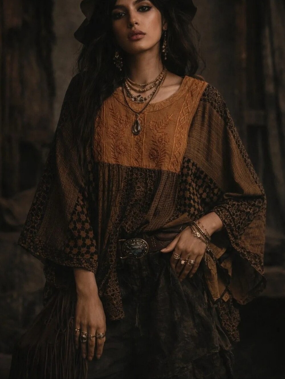 Young Threads Patchwork Embroidered Tunic in Tan and Black